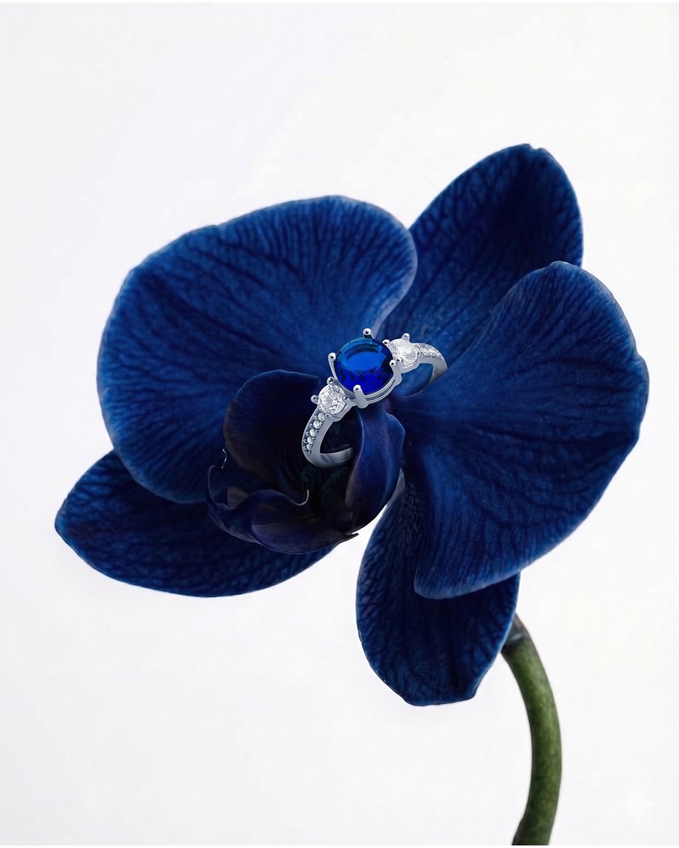 Composição criada com IA: orquídea e safira